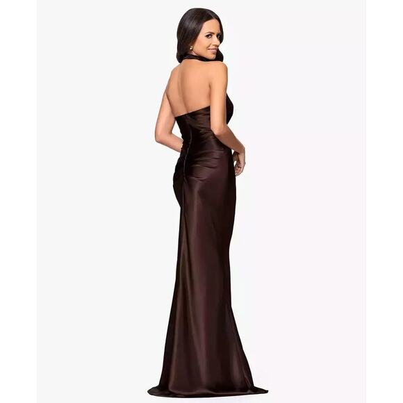 Betsy & Adam Formal Evening Gown Women Size 10 Brown Satin Halter Neck Dress - Picture 2 of 13